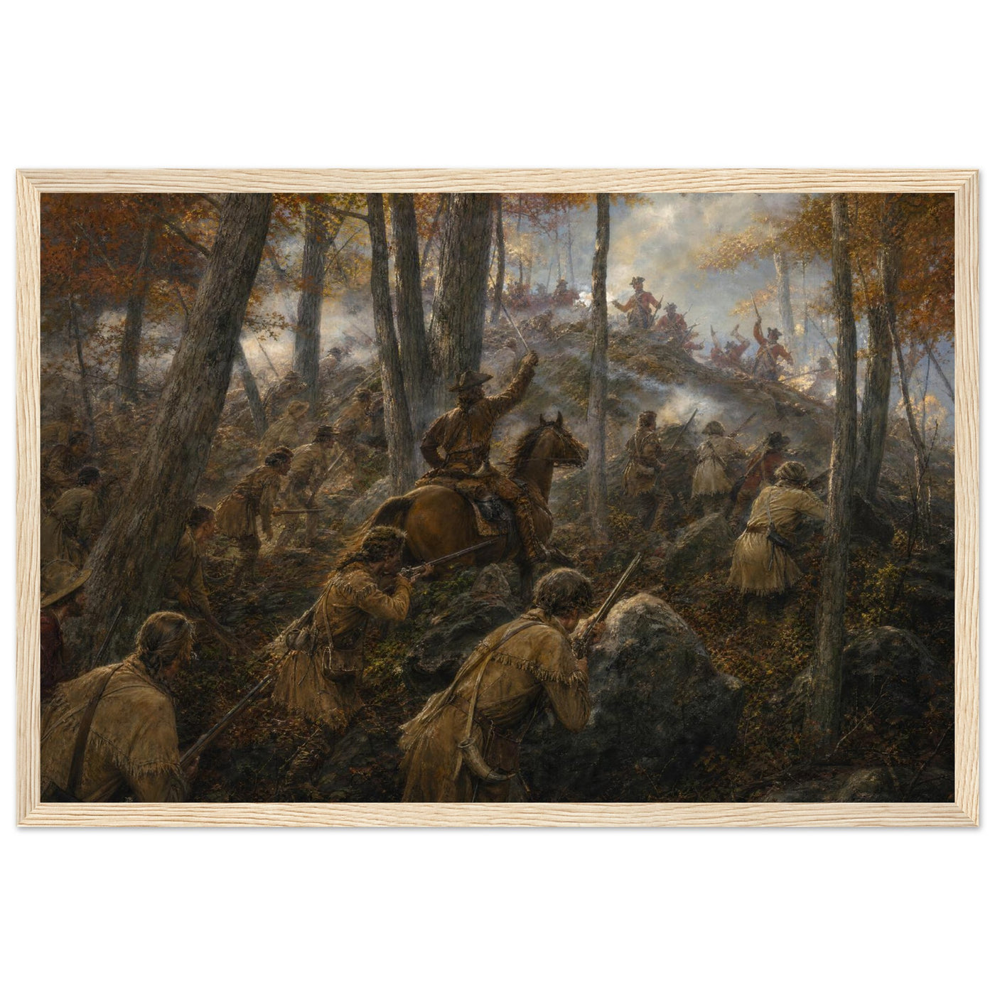 Framed print of a Revolutionary ambush in the northern woods, ready to hang.
