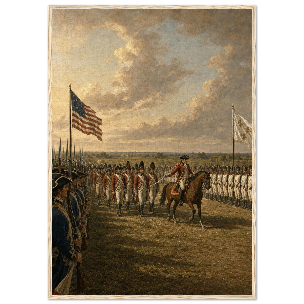 Yorktown, 1781 — framed fine art print of British troops marching between allied lines, 12x18″ in a natural wood frame
