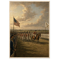 Yorktown, 1781 — framed fine art print of British troops marching between allied lines, 12x18″ in a natural wood frame