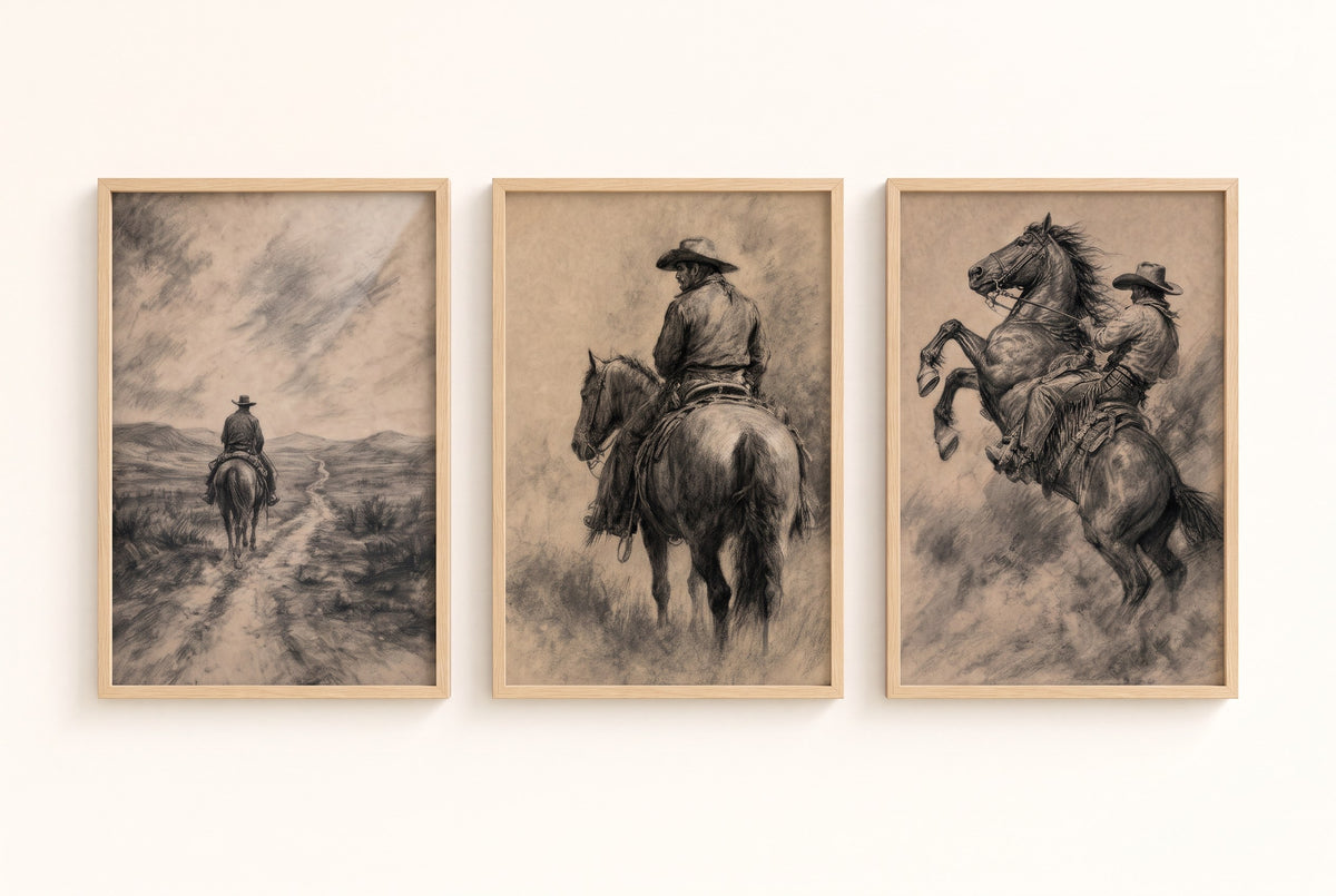 Charcoal Riders set of framed prints displayed as a gallery wall