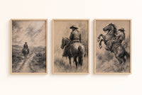 Charcoal Riders set of framed prints displayed as a gallery wall