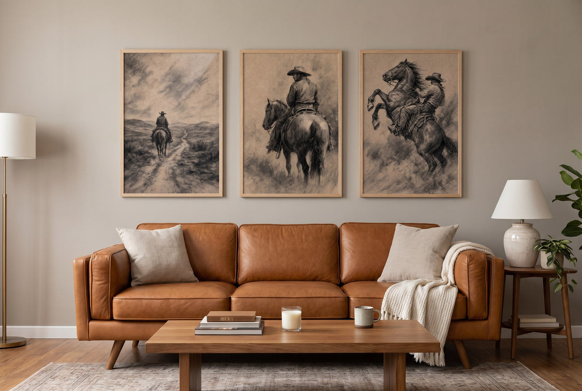 Charcoal Riders framed prints hung above a sofa in a living room