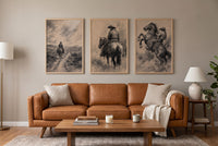 Charcoal Riders framed prints hung above a sofa in a living room