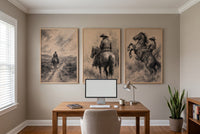 Charcoal Riders framed prints hung in a home office