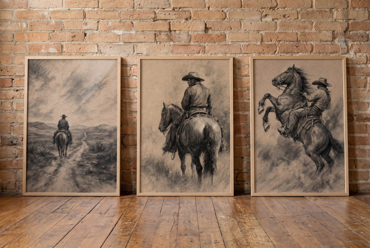 Charcoal Riders framed prints leaning against a brick wall
