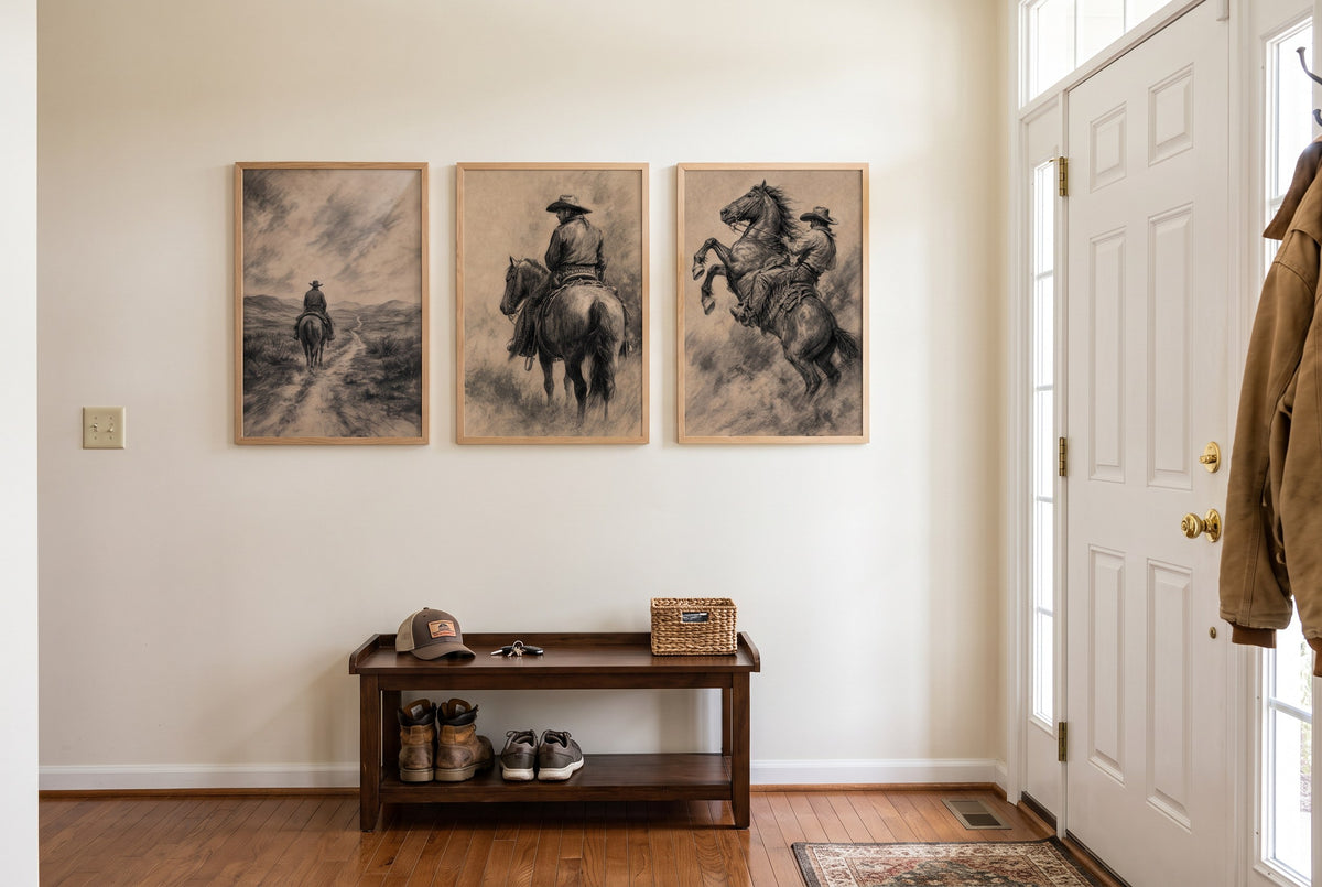 Charcoal Riders framed prints hung in a front entry