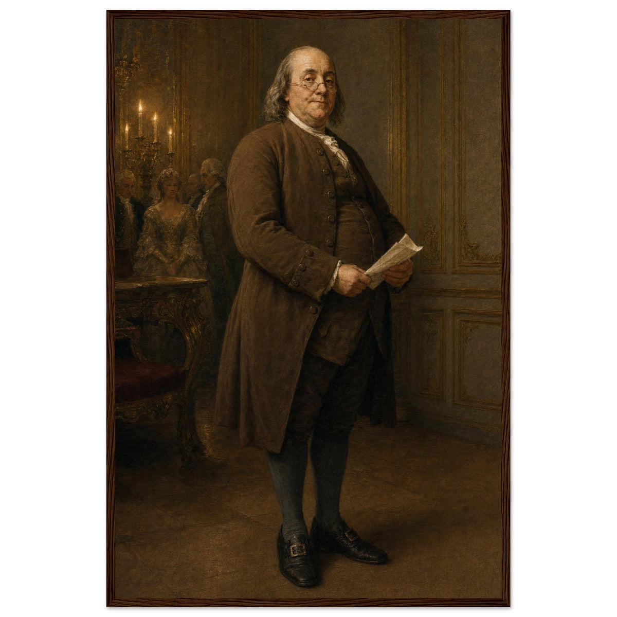 Benjamin Franklin — The Philosopher — framed fine art print of Franklin at Versailles, 28x40″ in a dark wood frame