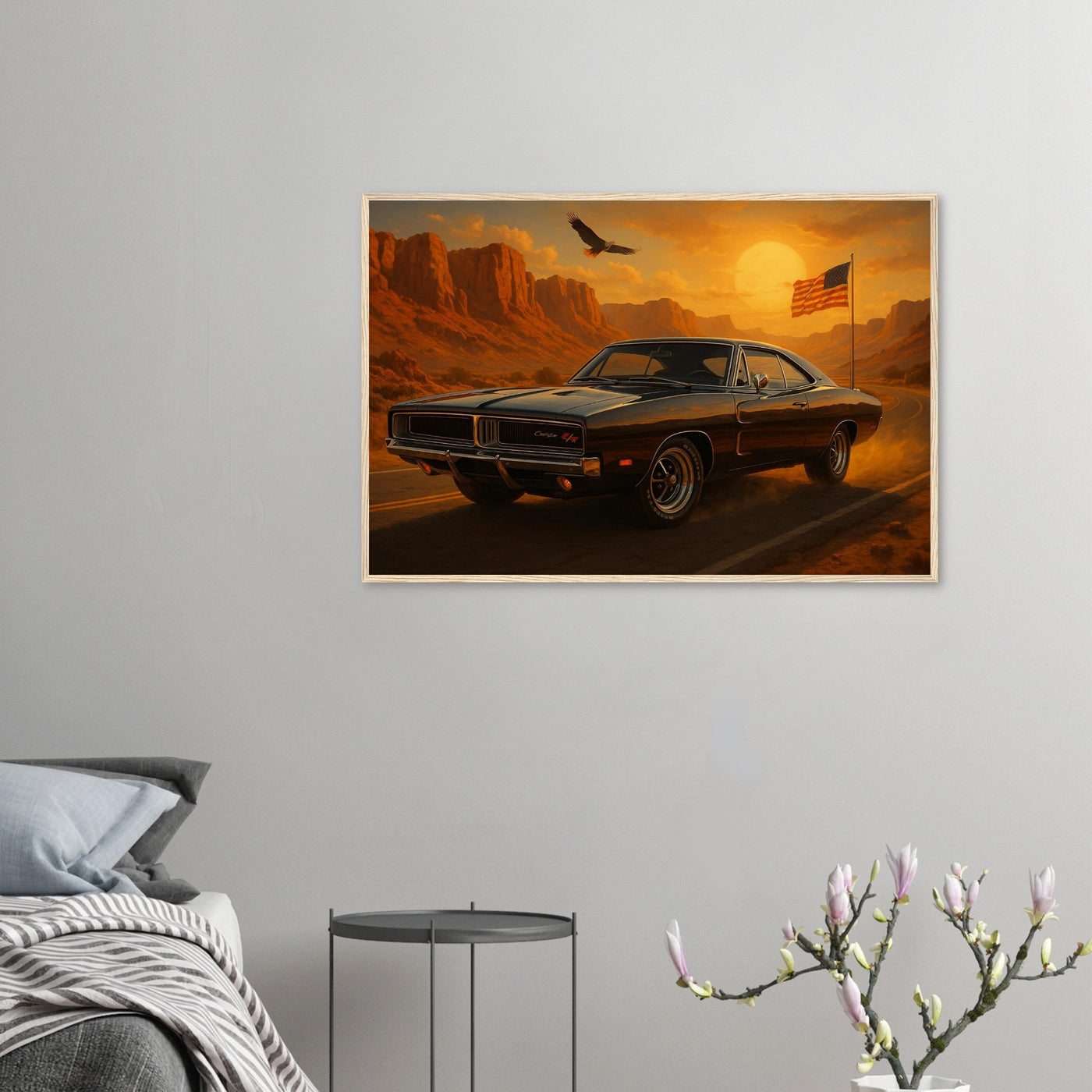Wooden framed poster of The 1969 Dodge Charger, ready to hang.