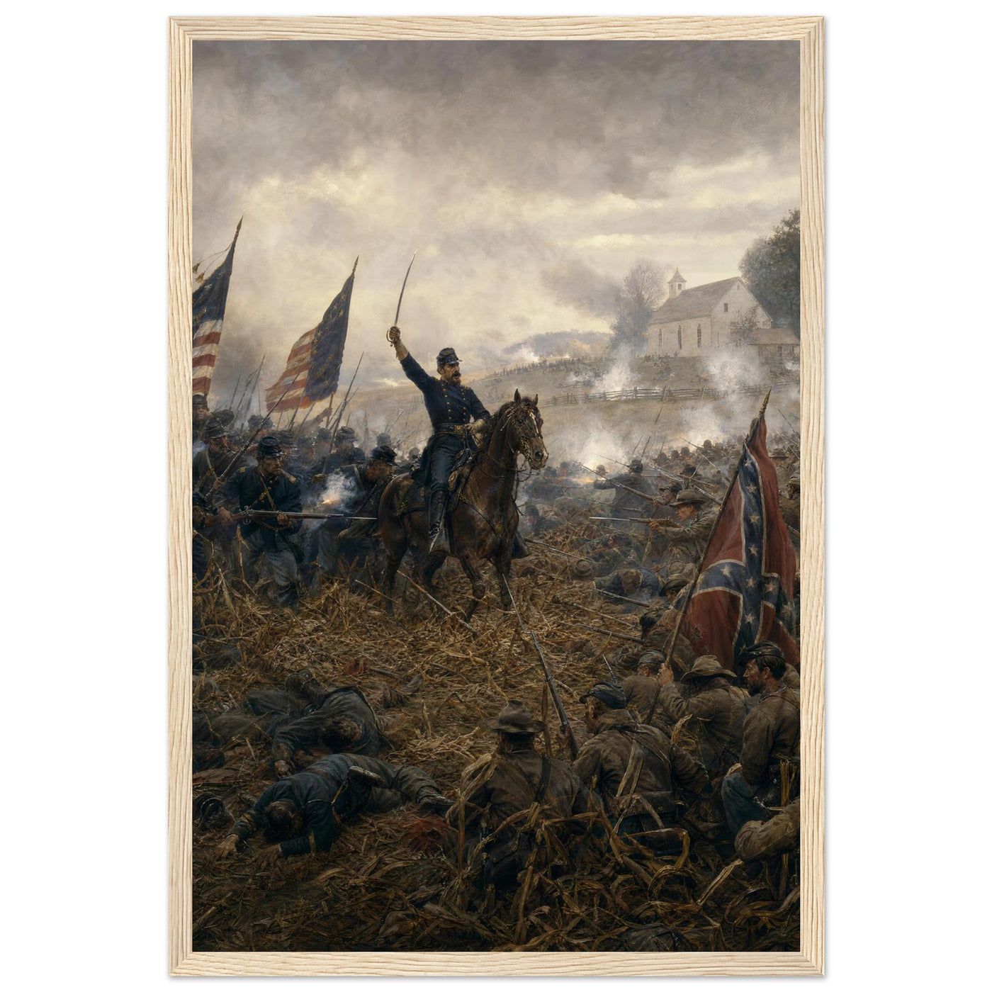 Framed print of a Civil War battlefield, ready to hang.