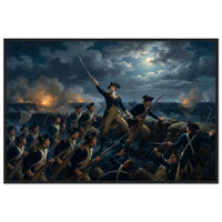 Framed print of the night storming of the redoubt at Yorktown, ready to hang.
