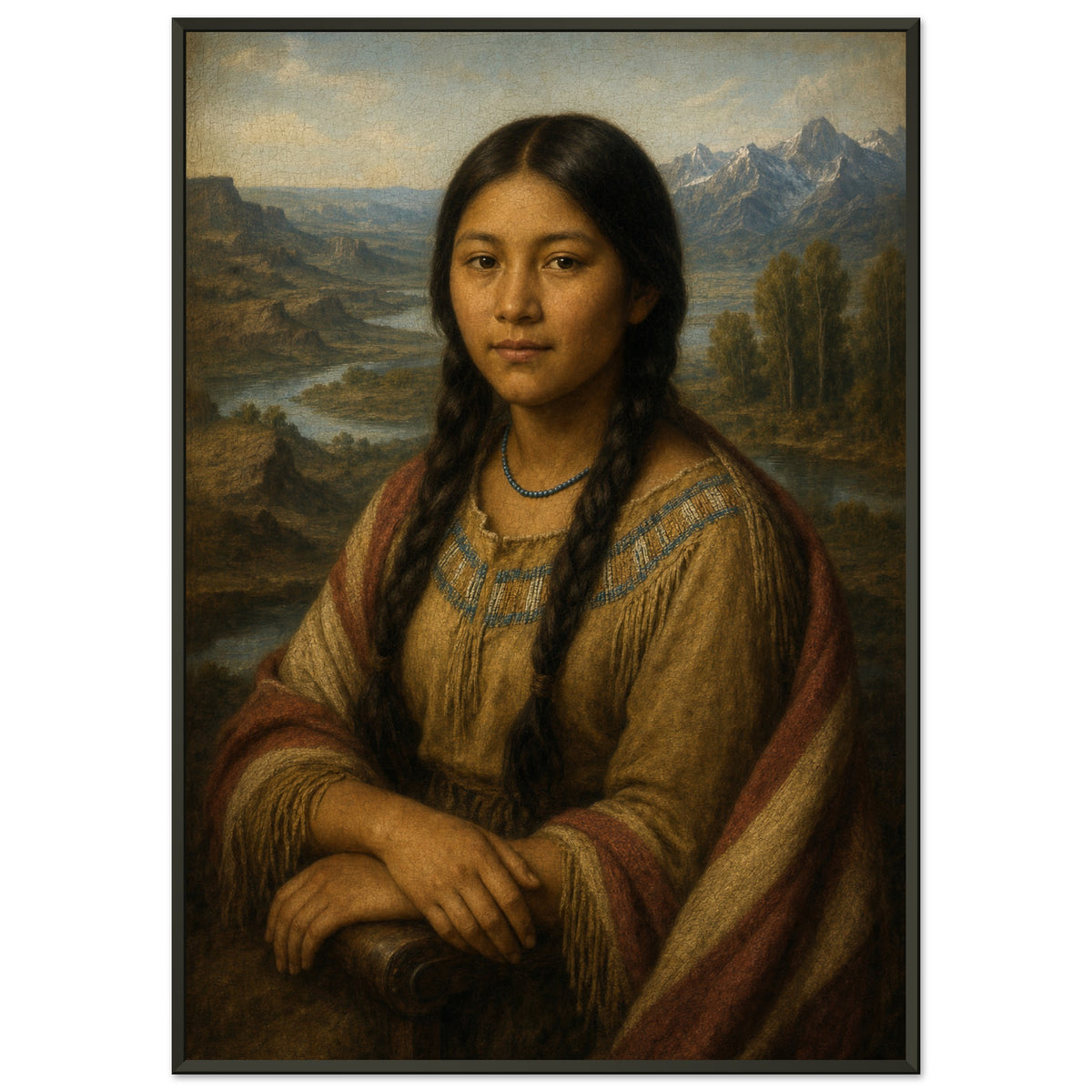 Sacagawea — framed fine art print of a young Shoshone woman seated with folded hands before a river valley and mountains, in a black frame