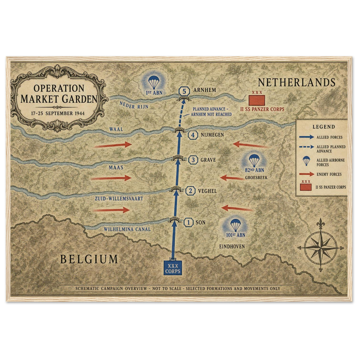 Operation Market Garden — Map — framed print of the 1944 airborne corridor to Arnhem, 12x18″ in a natural wood frame