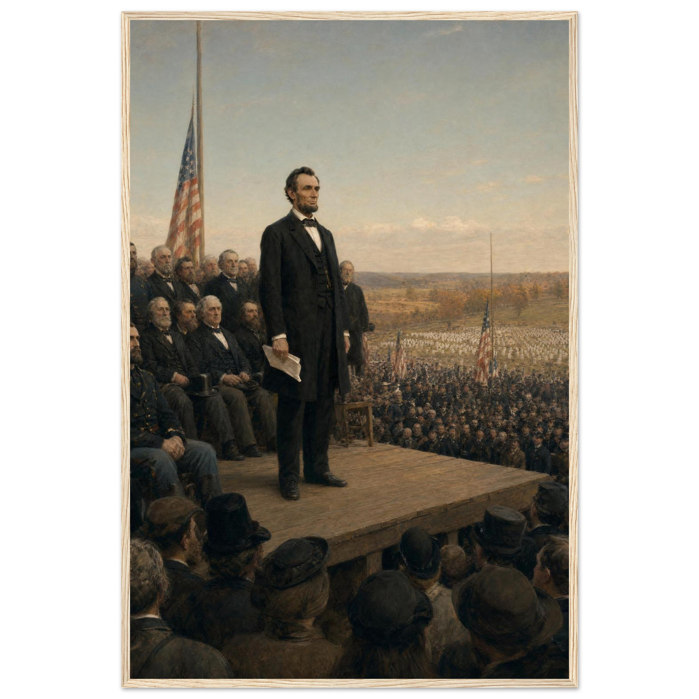 Framed art print of President Lincoln delivering the Gettysburg Address before a vast crowd, in a solid wood frame.