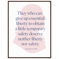 Benjamin Franklin — Neither Liberty nor Safety — framed print of pink profile with quote, 12x16″ in a dark wood frame