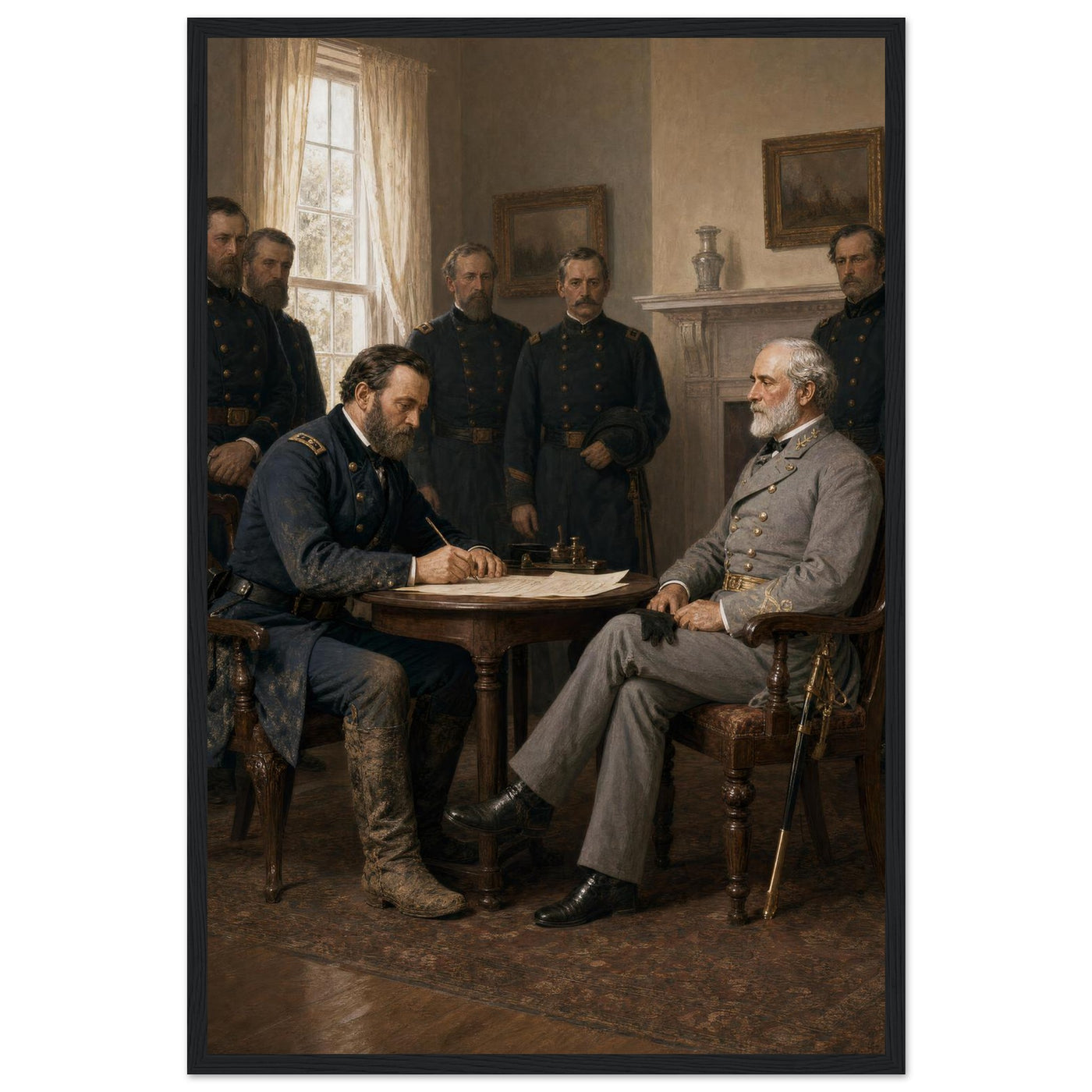 Framed print of Lee and Grant at the Appomattox surrender, ready to hang.