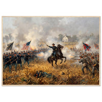 Framed art print of cavalry and infantry clashing amid smoke and flags at the Battle of Antietam, in a solid wood frame.