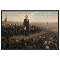 Framed art print of President Lincoln addressing the crowd at Gettysburg from a draped platform, in a solid wood frame.
