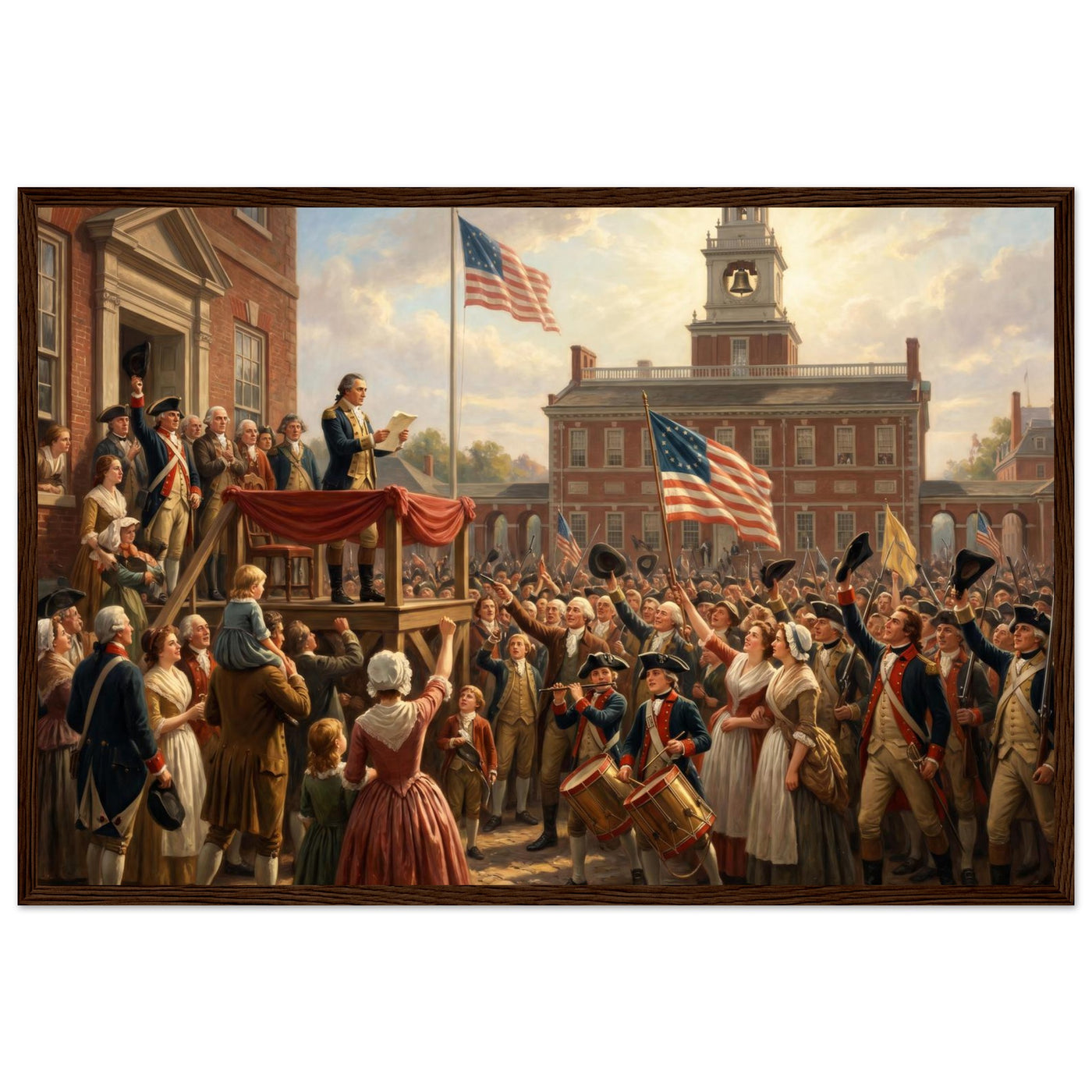 Wooden framed print of the first reading of the Declaration — room view, ready to hang.