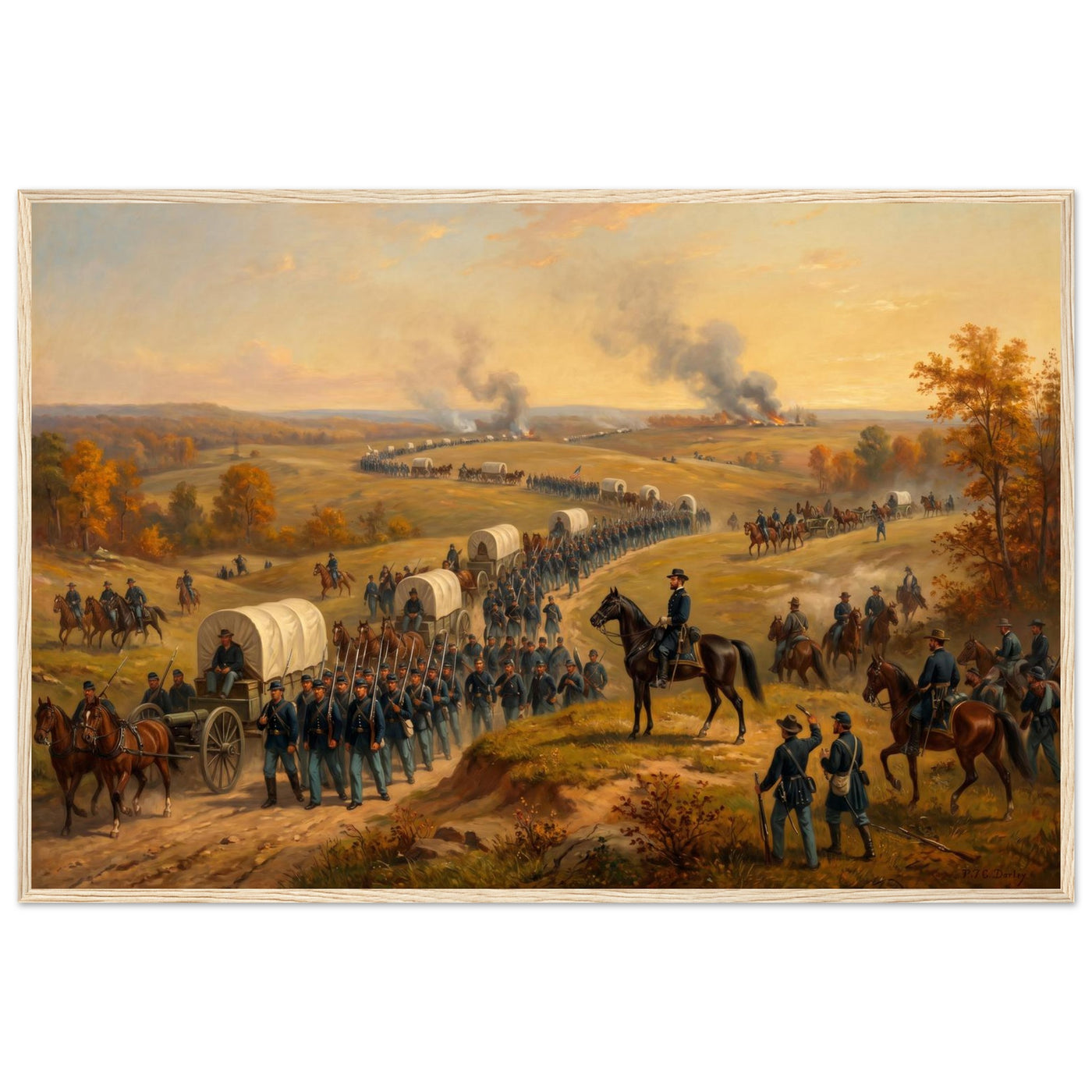Framed panoramic art print of a Civil War cavalry and wagon column marching at sunset, in a solid wood frame.
