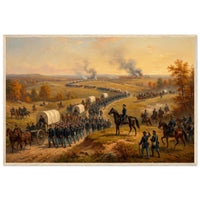 Framed panoramic art print of a Civil War cavalry and wagon column marching at sunset, in a solid wood frame.