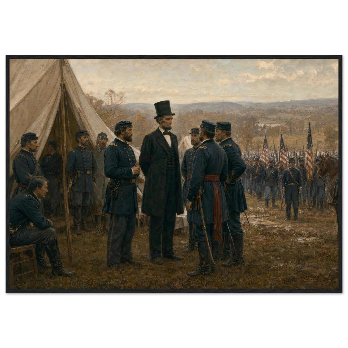 Framed art print of a Union army encampment with tents and officers at Antietam, in a solid wood frame.