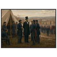 Framed art print of a Union army encampment with tents and officers at Antietam, in a solid wood frame.
