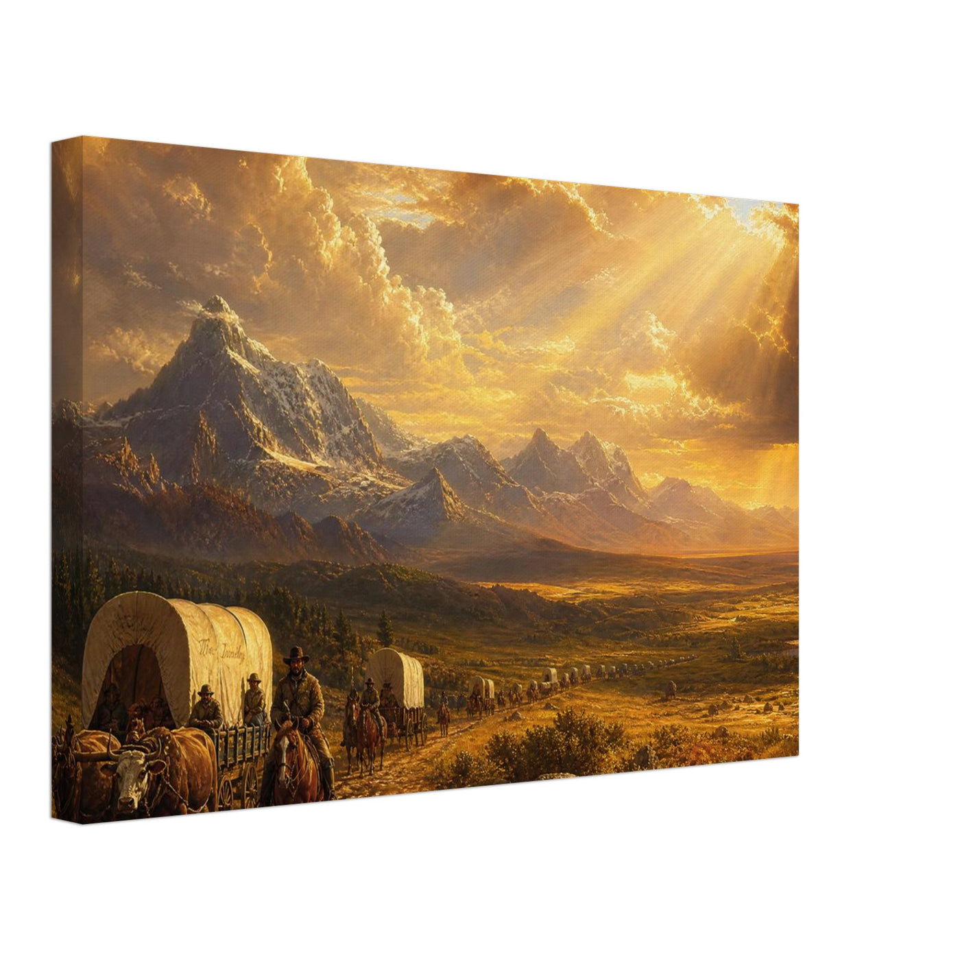 Canvas print of a pioneer wagon at golden hour — room view, ready to hang.
