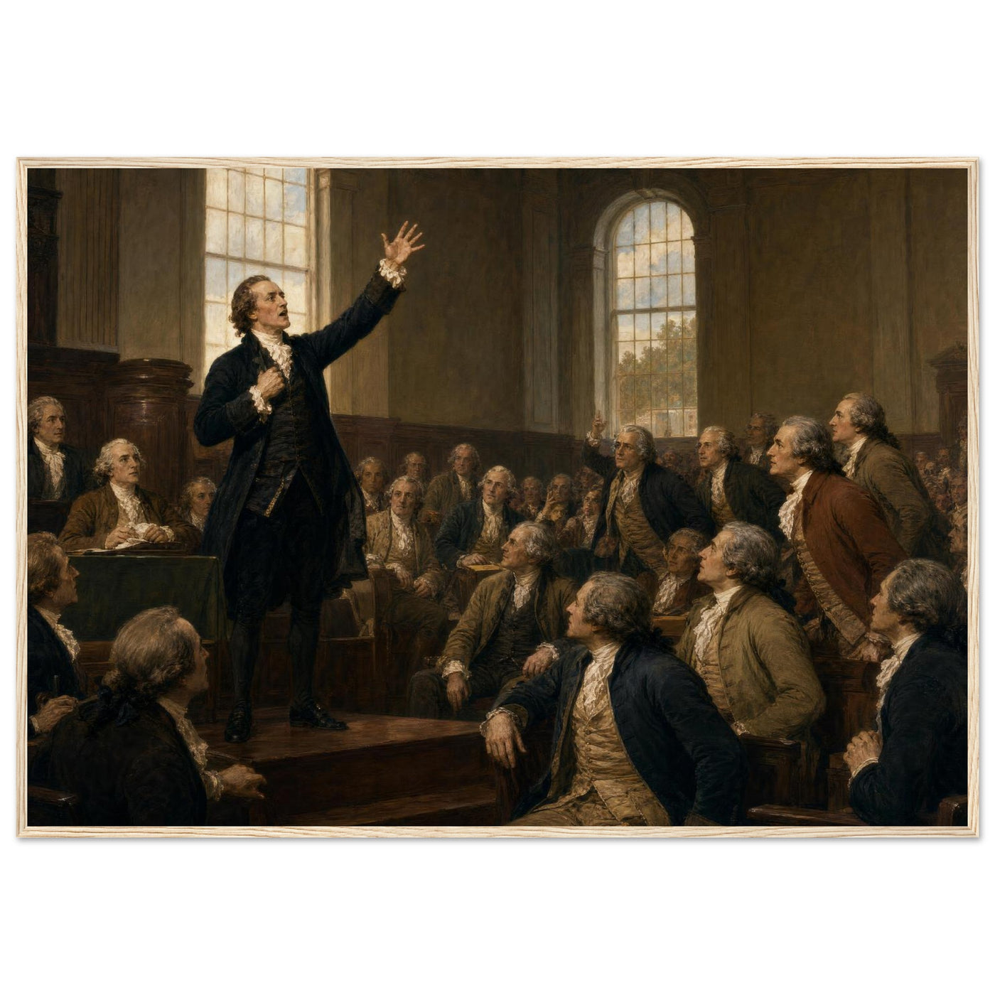 Framed art print of an impassioned orator with raised arm addressing a seated assembly, in a solid wood frame.