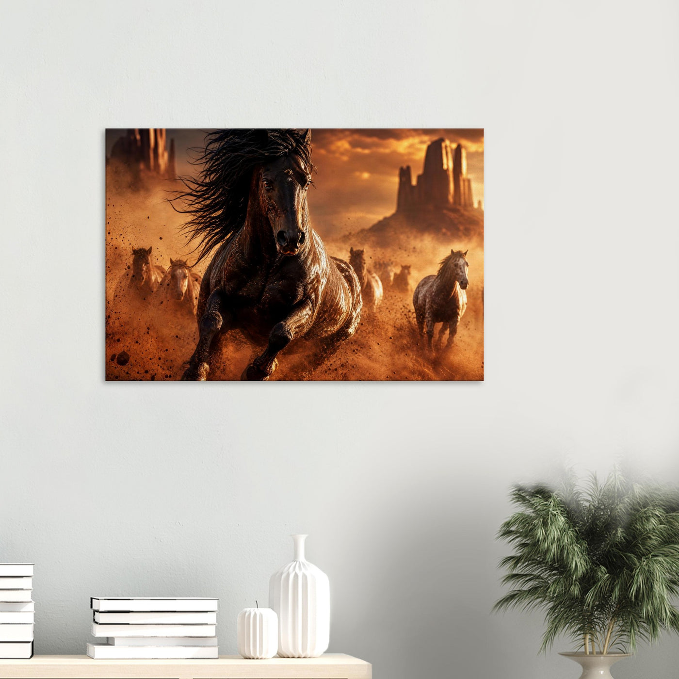 Canvas print of a wild mustang in the desert — room view, ready to hang.