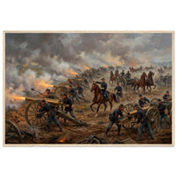 Framed art print of a Civil War artillery line firing amid smoke, cavalry and flags beyond, in a solid wood frame.
