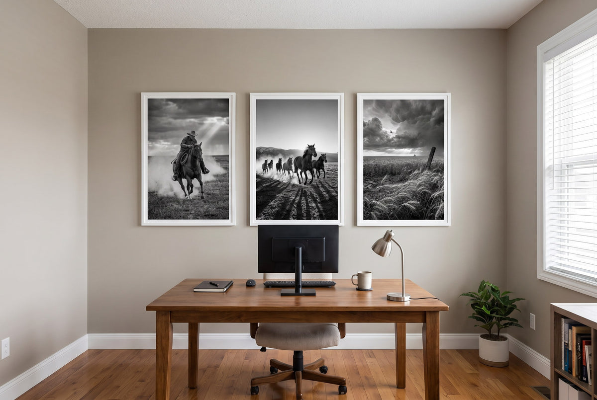 Wranglers framed prints hung in a home office