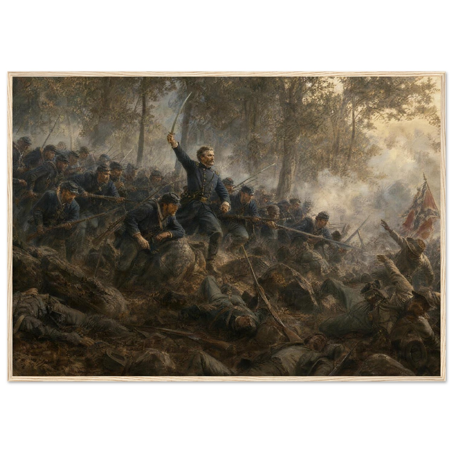 Framed art print of Union infantry charging up a rocky ridge with the colors flying, in a solid wood frame.