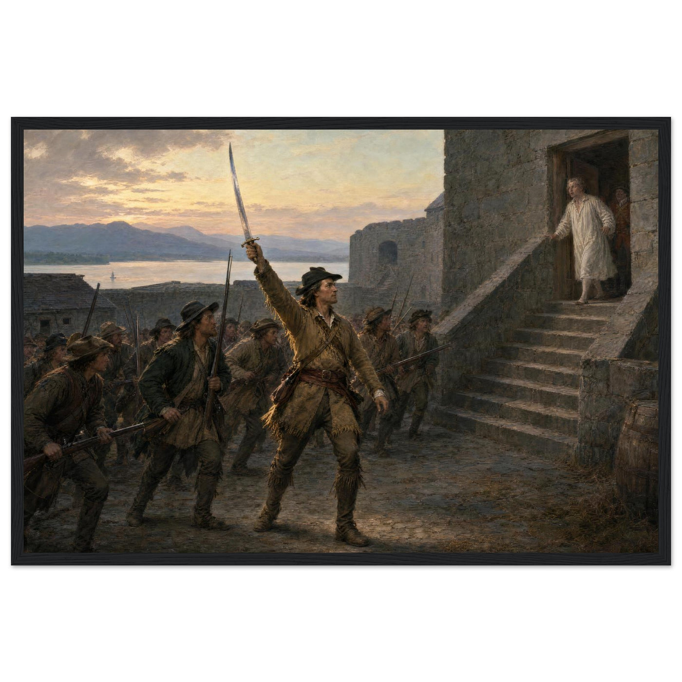 Framed art print of Union soldiers ascending the stone steps of a fort with the flag at dawn, in a solid wood frame.