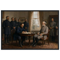 Framed historical painting of General Lee surrendering to General Grant at Appomattox Court House, in a solid wood frame.