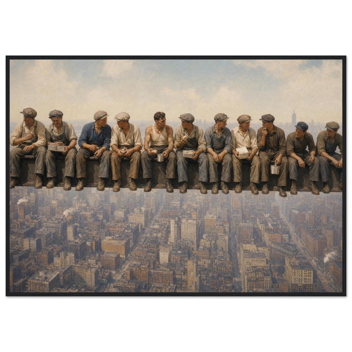 Lunch Atop a Skyscraper — framed print of construction workers eating lunch on a steel beam high above a city