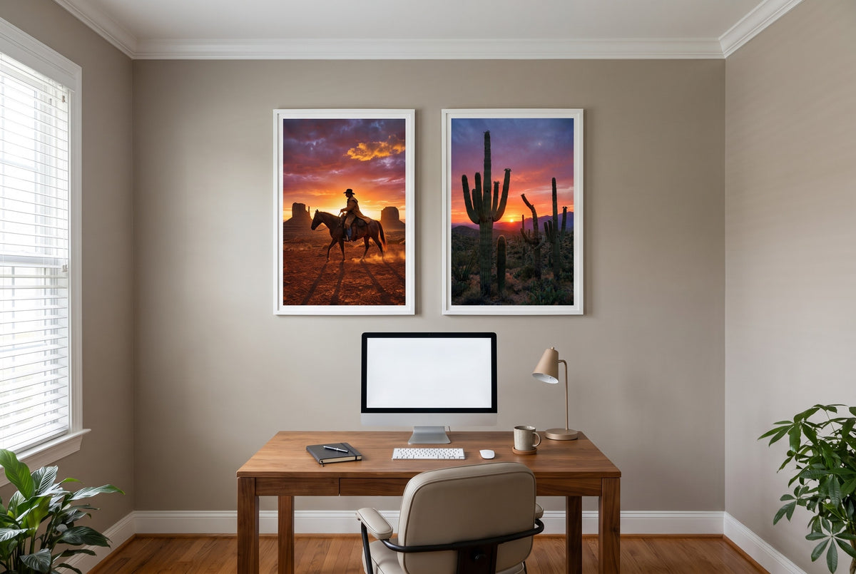 Dusk framed prints hung in a home office