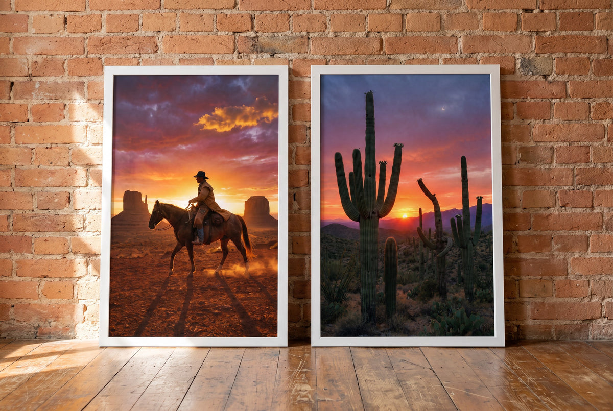 Dusk framed prints leaning against a brick wall