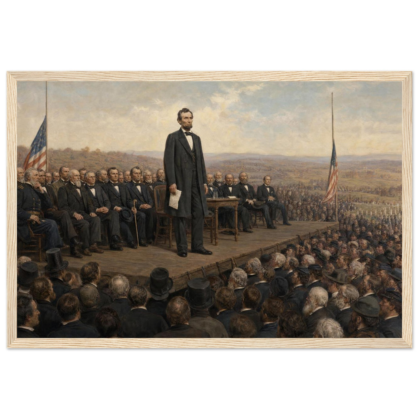 Framed art print of President Lincoln addressing the crowd at Gettysburg from a draped platform, in a solid wood frame.