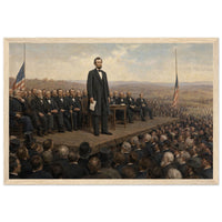 Framed art print of President Lincoln addressing the crowd at Gettysburg from a draped platform, in a solid wood frame.