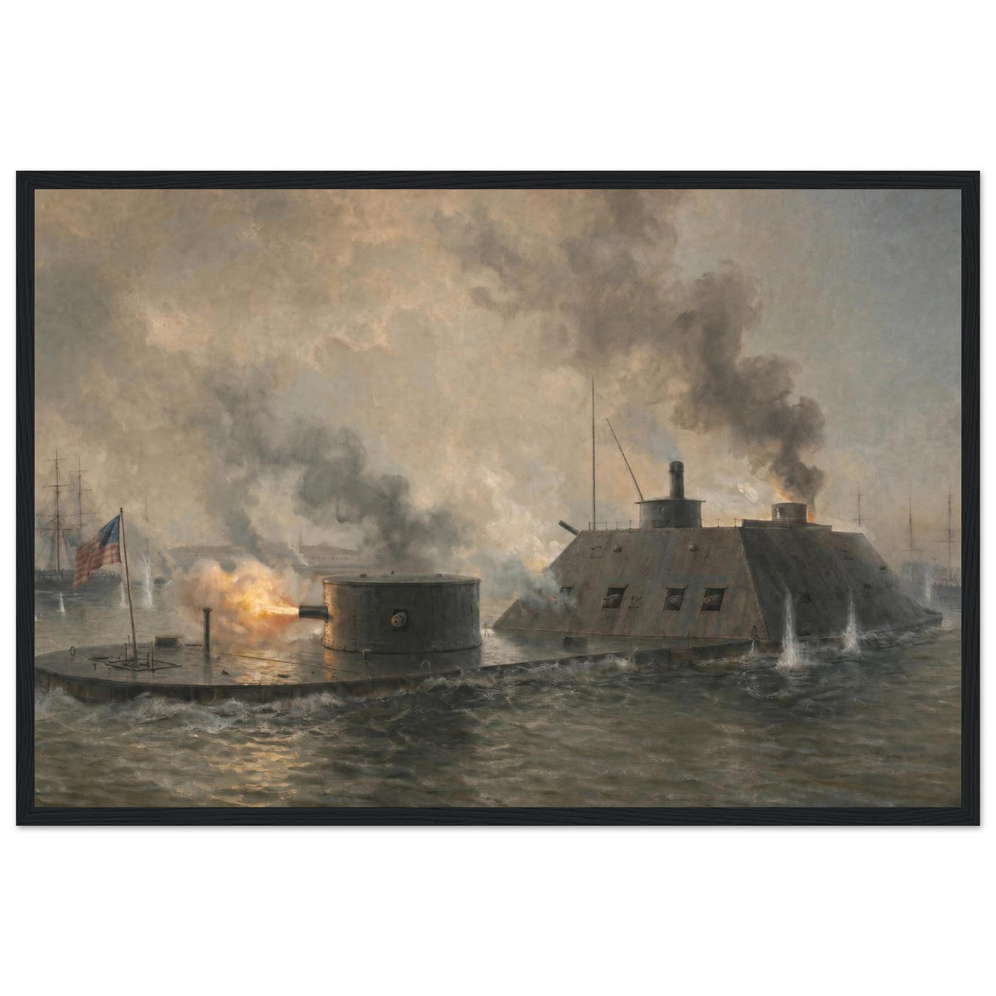 Wooden framed print of the Battle of Hampton Roads — room view, ready to hang.