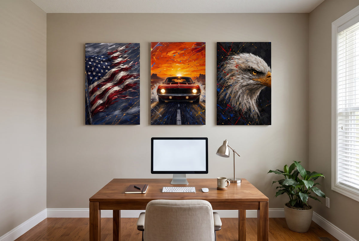 Symbols of Freedom canvases hung in a home office