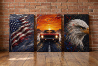 Symbols of Freedom canvases leaning against a brick wall