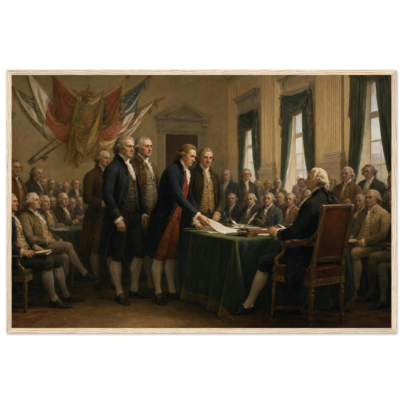 Wooden framed print of the signing of the Declaration — room view, ready to hang.