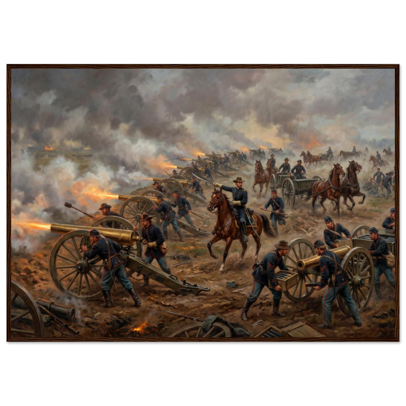 Framed art print of a Civil War artillery line firing amid smoke, cavalry and flags beyond, in a solid wood frame.