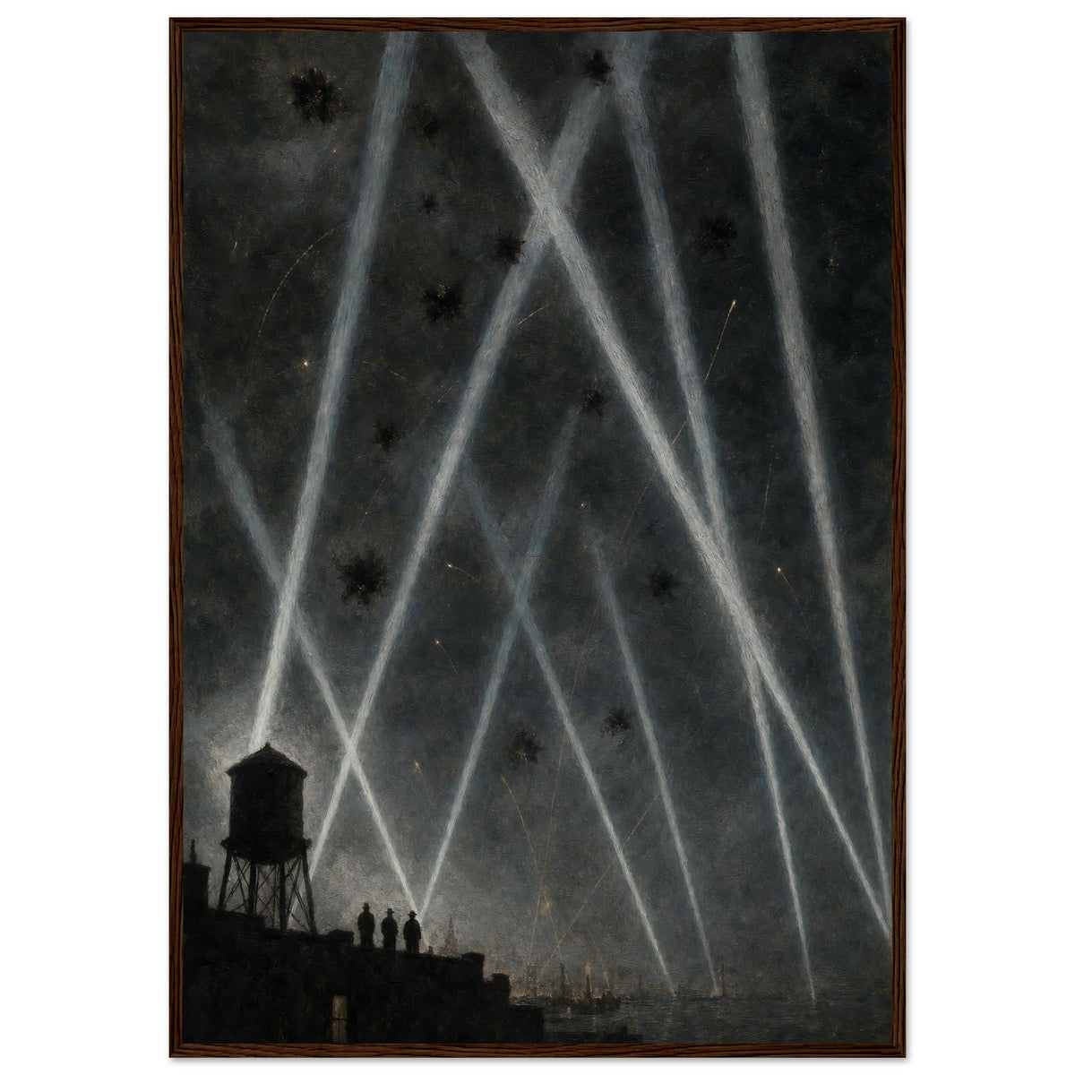 Searchlights Over the Harbor — framed print of searchlight beams and flak over a dark city, 12x18″ in a dark wood frame