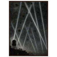 Searchlights Over the Harbor — framed print of searchlight beams and flak over a dark city, 12x18″ in a dark wood frame