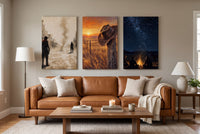 The Life of a Cowboy canvases hung above a sofa in a living room