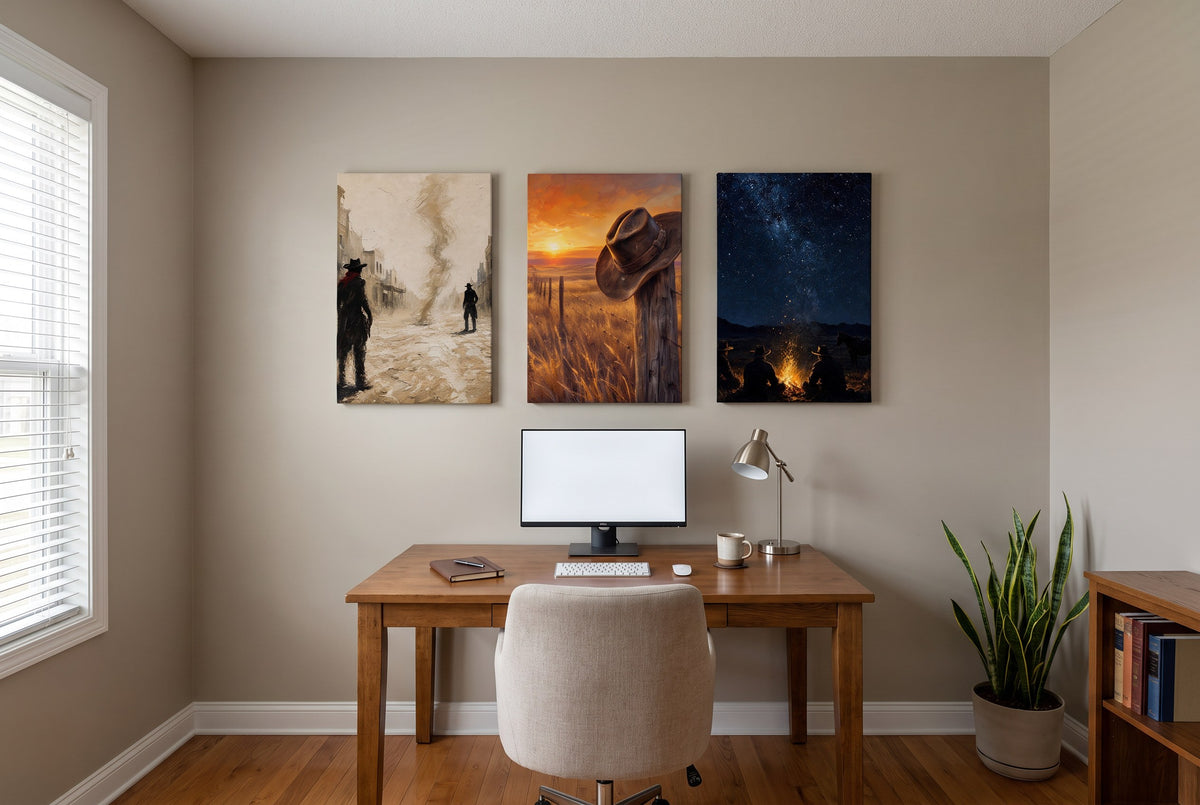 The Life of a Cowboy canvases hung in a home office