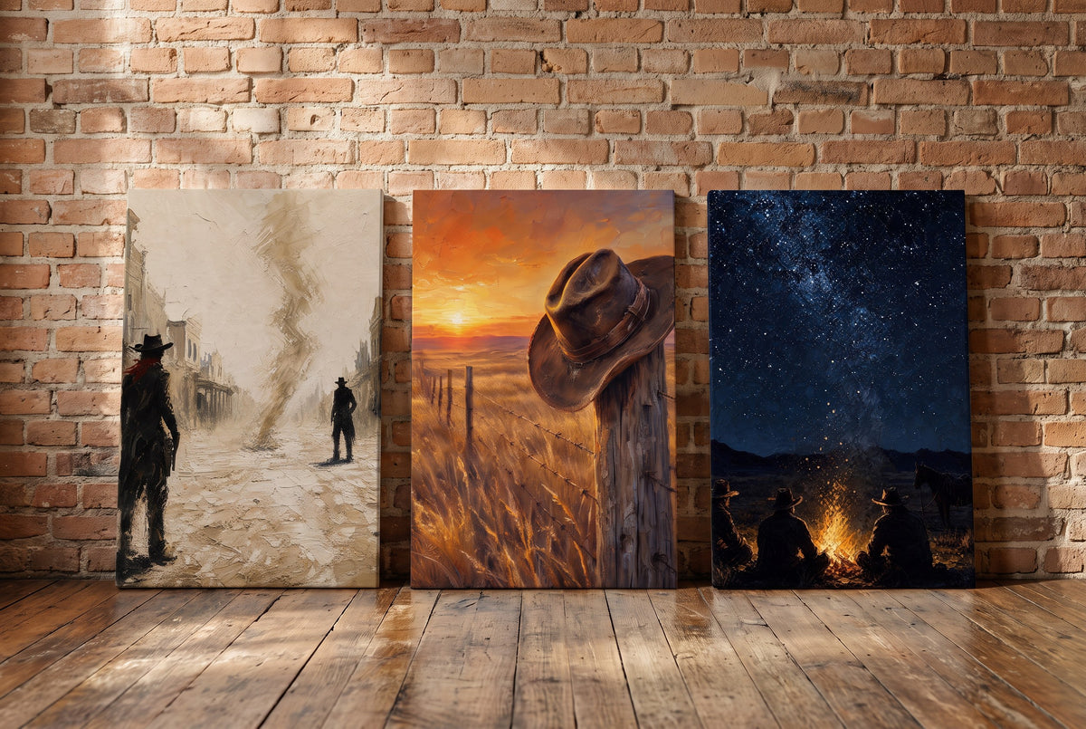 The Life of a Cowboy canvases leaning against a brick wall