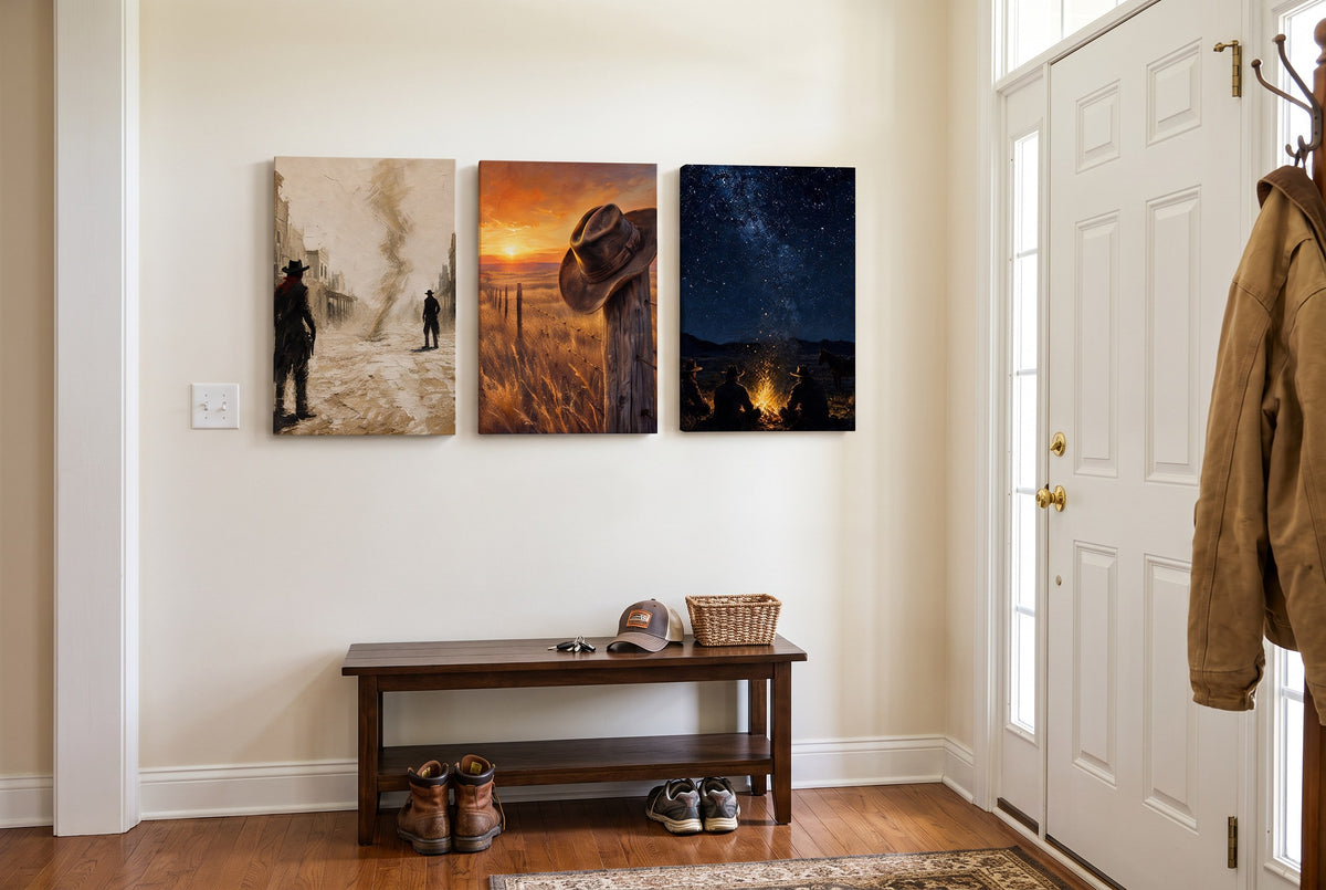The Life of a Cowboy canvases hung in a front entry